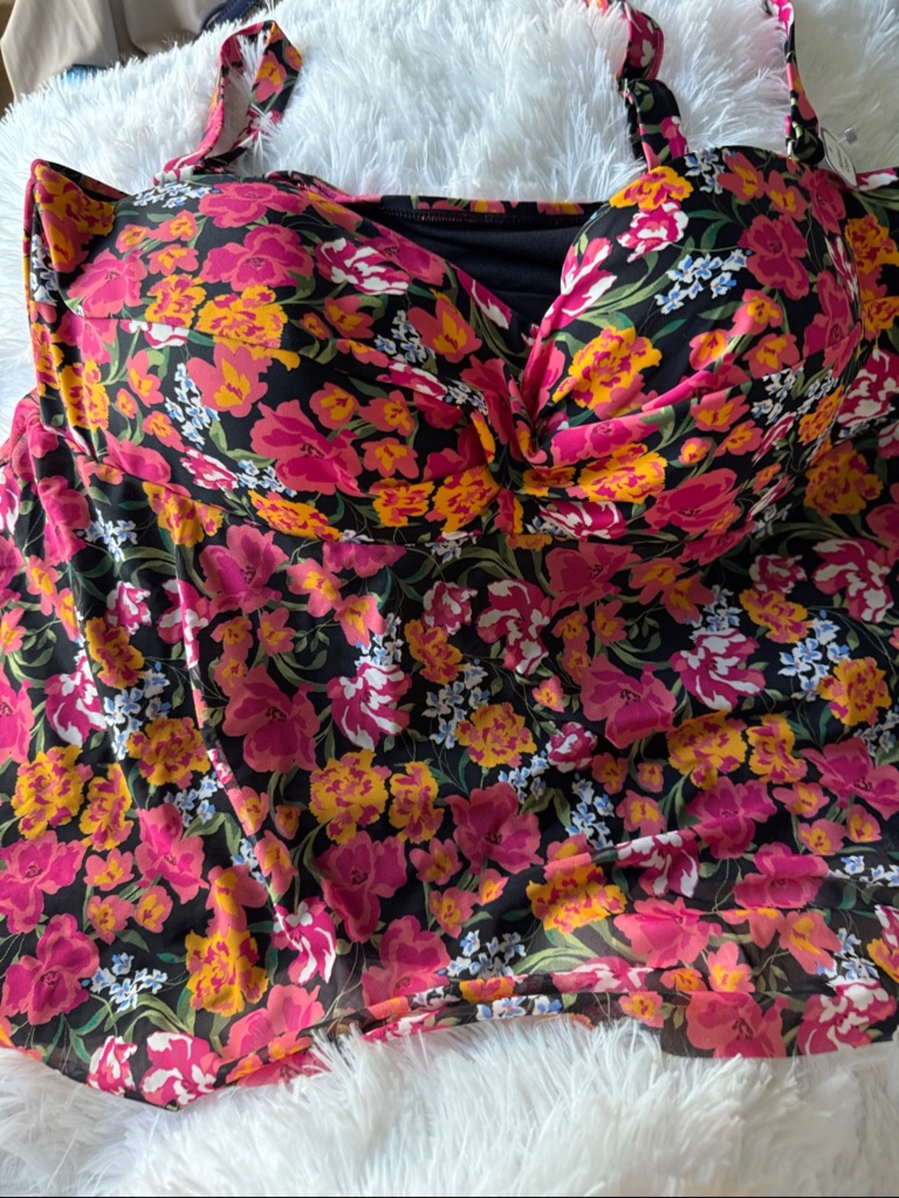 Floral Pink & Yellow Black Swim Top